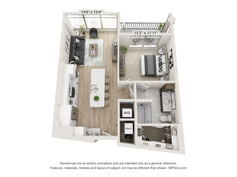 Floor plan for 1 bed, 1 bath, 838 sqft